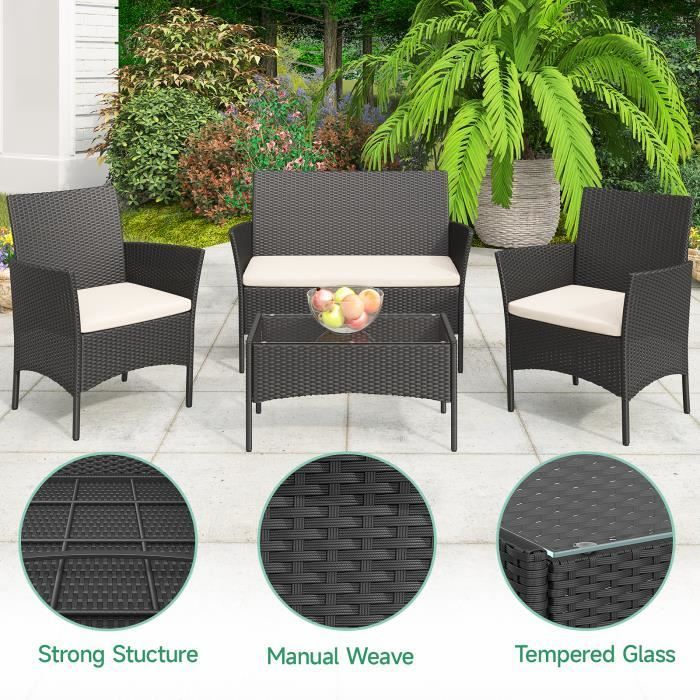 Garden furniture set | Wicker-look resin | 4 people | with 2 armchairs, 1 sofa and 1 table | Black