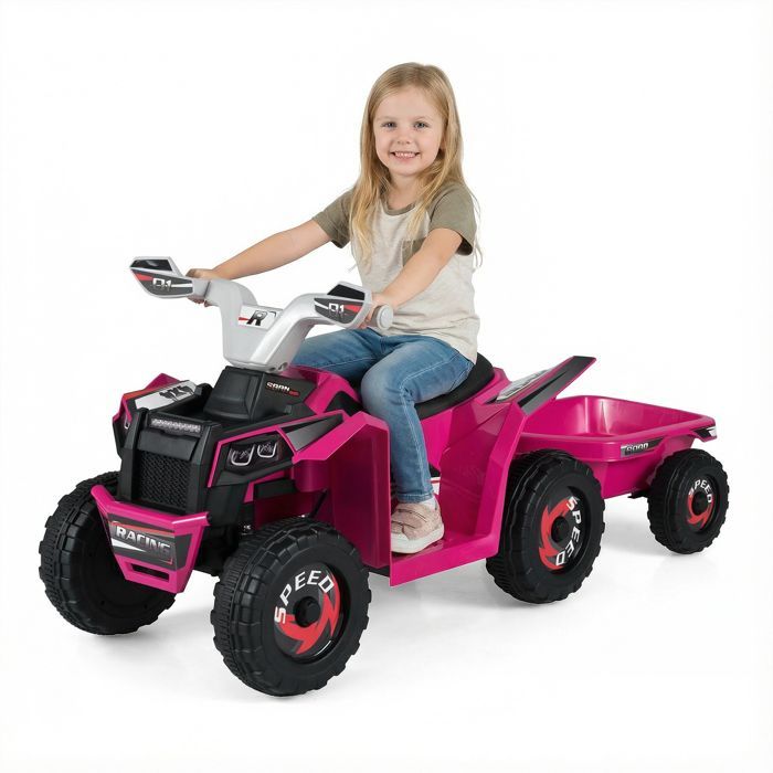 COSTWAY 6V 4,5Ah elektrische quad voor kinderen met afneembare aanhanger, 6 antislipwielen, knop- en pedaalbediening, 30 kg, geschikt voor kinderen vanaf 3 jaar, rood