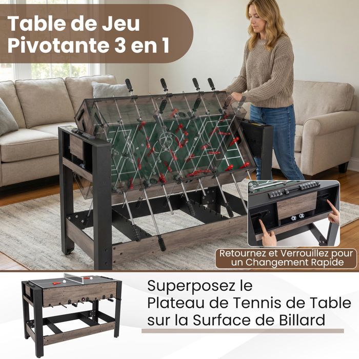 COSTWAY 3-in-1 draaibare multi-speltafel - tafelvoetbal, biljart en tafeltennis - 124 x 60,5 x 84 cm - Antislip handgrepen - Geschikt voor kinderen vanaf 8 jaar