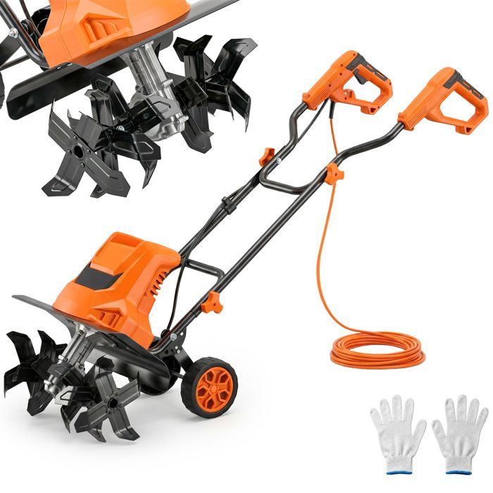 Motocultor eléctrico de 1500 W, 6 cuchillas, 65 mm de ancho, 40 cm de profundidad, 20 cm, plegable e impermeable IPX4, color naranja.