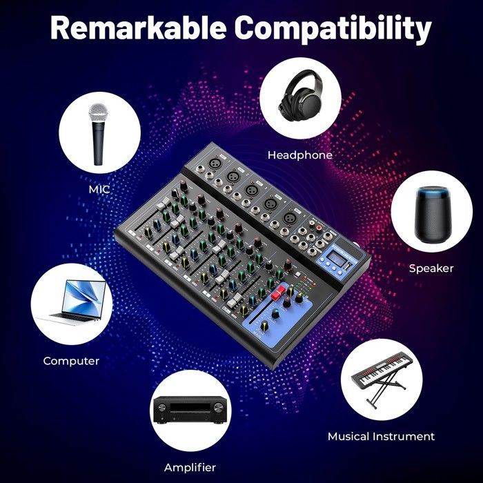 Mezclador de audio profesional de 7 canales para directo con Bluetooth y USB para estudio.
