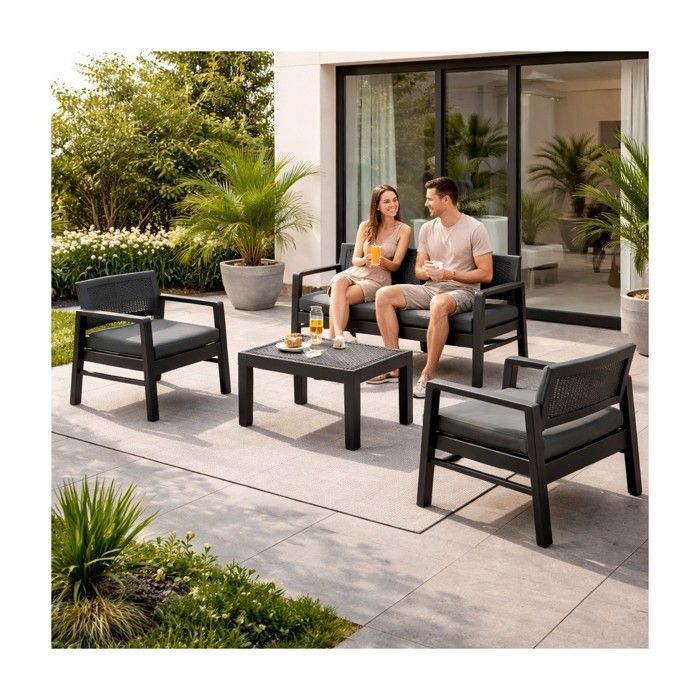 Conjunto de muebles de jardín para 4 personas, gris antracita: sofá de 2 plazas + 2 sillones + mesa de centro + 4 cojines KZ GARDEN