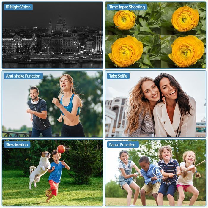 Filmadora UHD 4K+1080P com lente dupla frontal e traseira de 56MP, Wi-Fi e microfone.