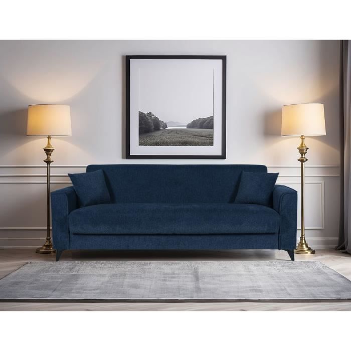 Canapé convertible 3 places - BERGAMO - Tissu bleu foncé - 2 coussins - coffre de rangement -  230 x 85 x 89 cm