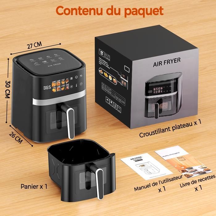 Freidora de aire sin aceite de 6 litros, 1350 W, 8 funciones con ventana transparente y pantalla táctil LED.