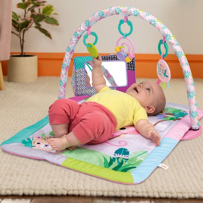 BRIGHTS STARTS Petit tapis d'éveil bébé pliable rose, arche de jeux, 5 jouets bébé, miroir, cartes, boulier et anneau de dentition