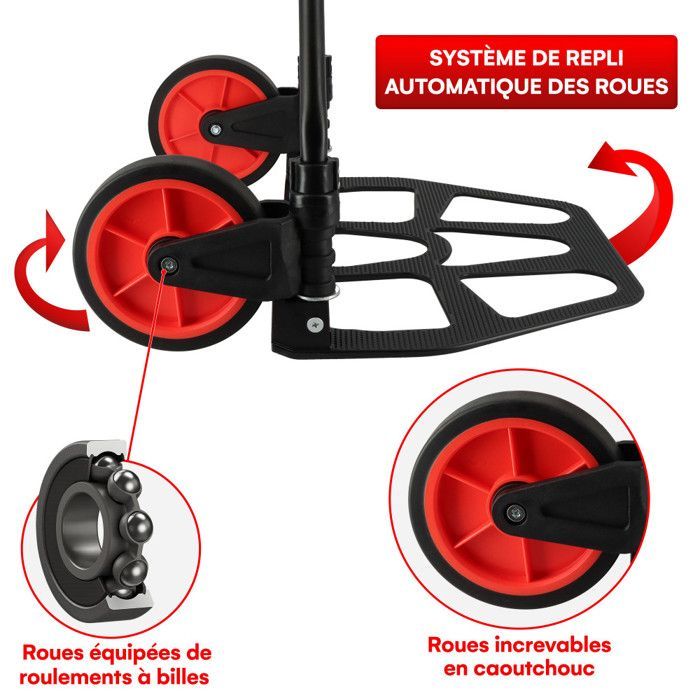 Carretilla plegable de 150 kg - Tubo de acero - Ruedas antipinchazos - Diseño compacto - Altura 115 cm - Plataforma de aluminio antideslizante de 35 x 29 cm