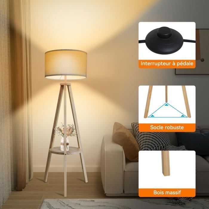 Tripod Floor Lamp with Shade - PULUOMIS - Living Room Floor Lamp, Wooden Standing Lamp for Living Room - 157 cm