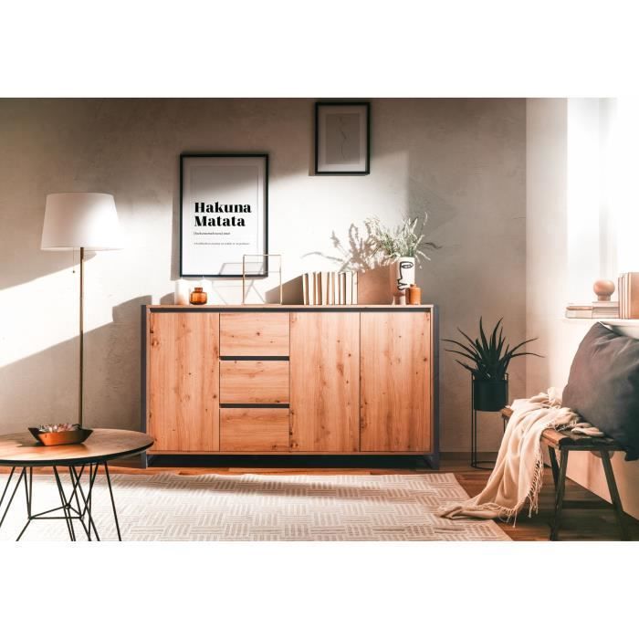 DENVER Buffet with 3 doors and 3 drawers - Artisan oak finish / Anthracite - W 160 x D 40 x H 88 cm