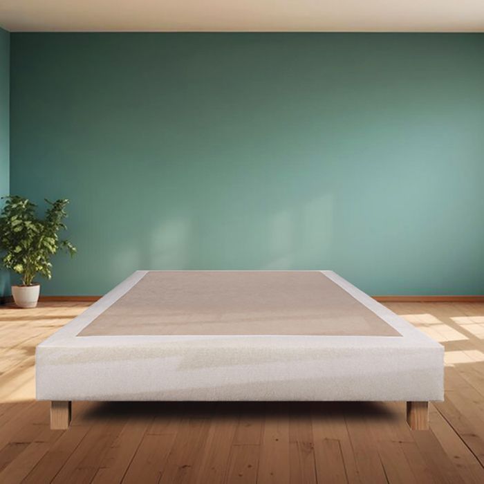 Base de cama de láminas JOLY con patas, tapizada en madera maciza, color beige - 160 cm de ancho x 200 cm de largo