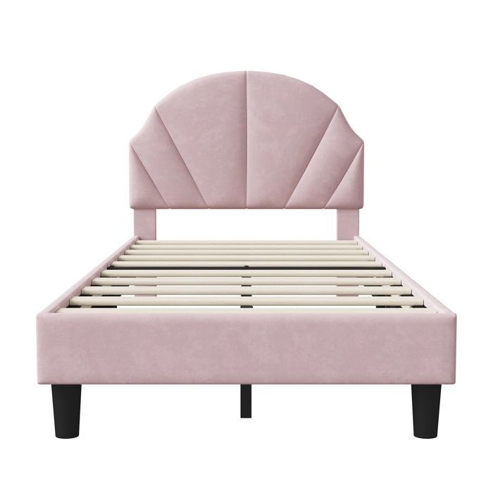 Cama de 90x200cm - Cama infantil, individual y con somier de láminas - con cabecero ajustable, diseño de conchas marinas - en terciopelo rosa