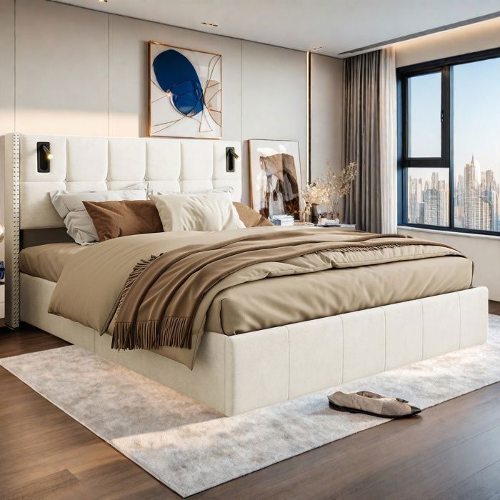 Letto 140x190 cm - DRELYGWEA - Velluto beige - Rete a doghe - Contenitore integrato - Design moderno
