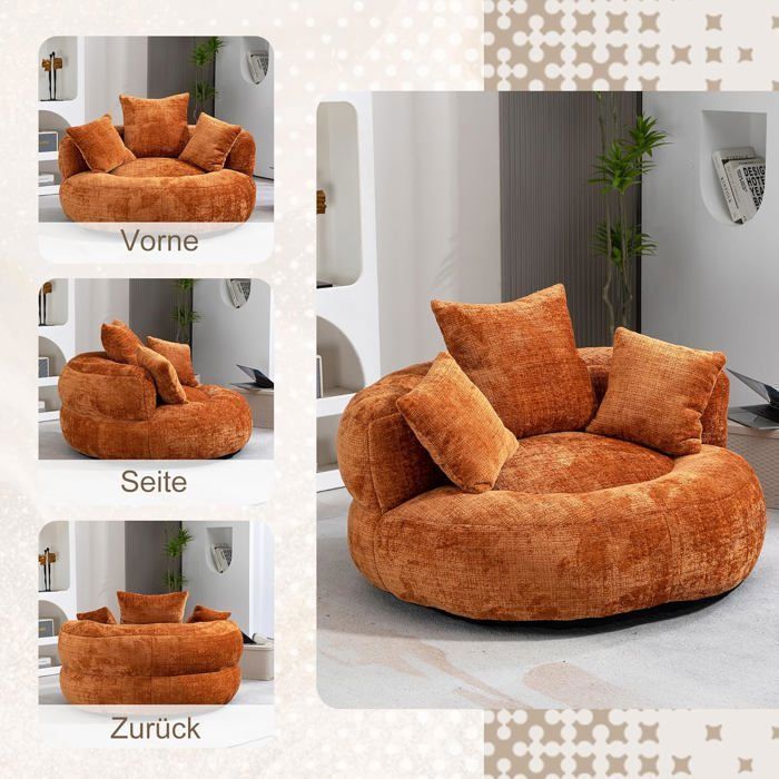 Sillón puf de chenilla LEMONBEST, 2 plazas con 3 cojines - 108×108×52 cm Naranja