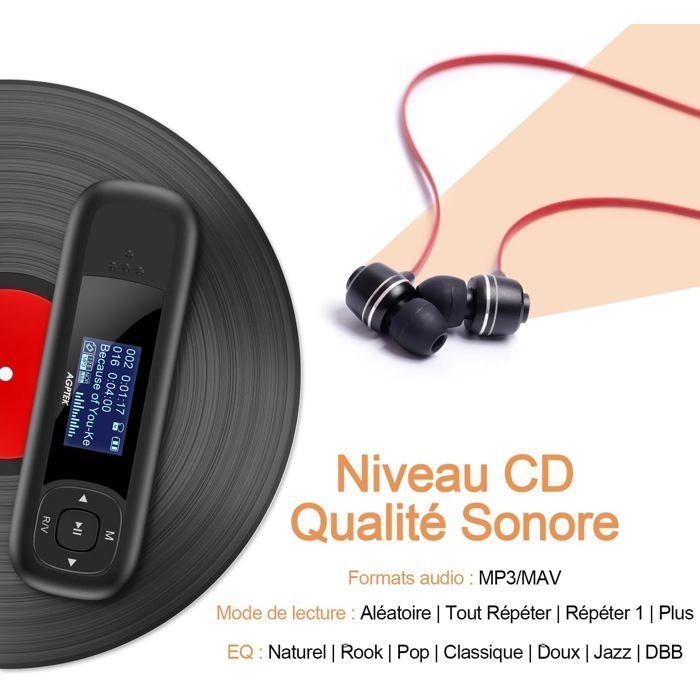Lecteur MP3 - AGPTEK - 8 Go - USB - Autonomie 10H - Léger pour le sport
