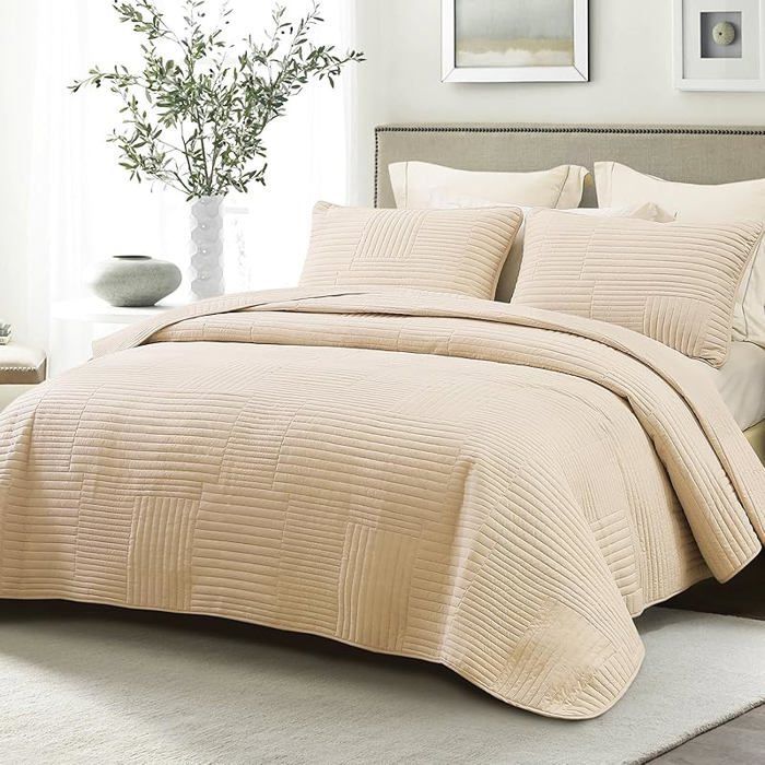 Colcha de 220x240 cm con 2 fundas de almohada, suave y ligera con estampado de rayas. #Beige BEI CAMA