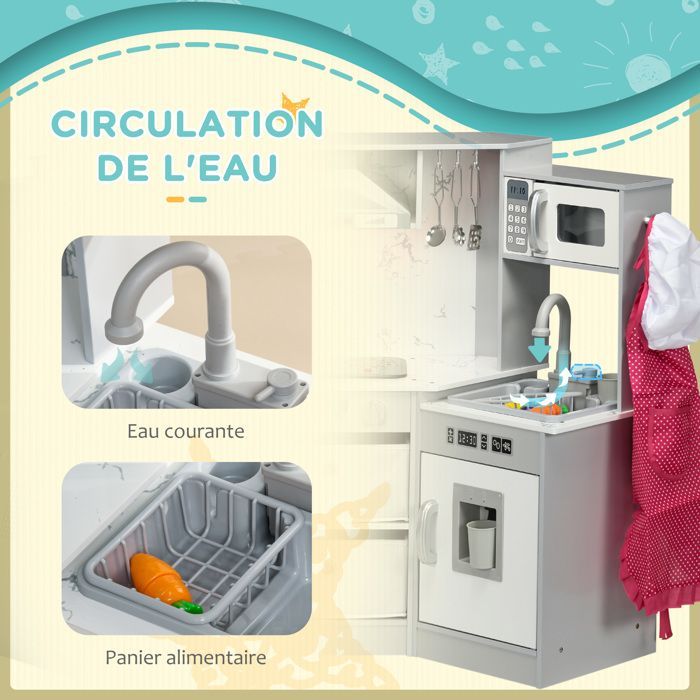 Cuisine pour enfant - AIYAPLAY - en bois jeu d'imitation effet sonore 17 accessoires - bois - gris blanc