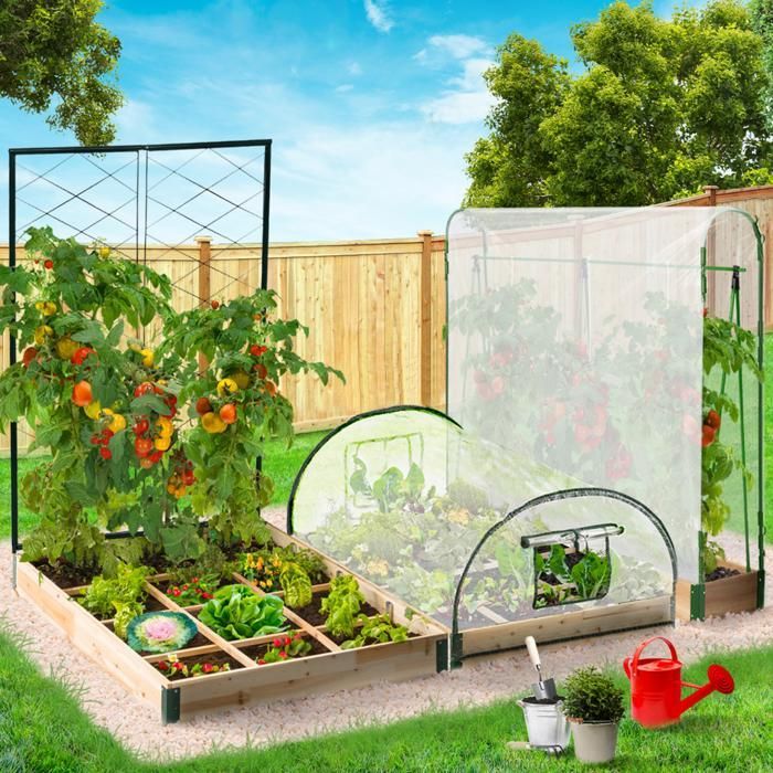 IDMARKET Kit completo de 3 bancales elevados cuadrados modulares e invernadero para tomates + enrejado + cubierta