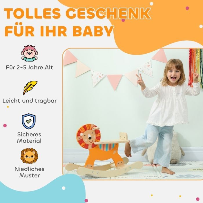 Cheval à bascule en bois avec motif lion, poids maximal supporté : 25 kg, de 2 à 5 ans, couleur orange.