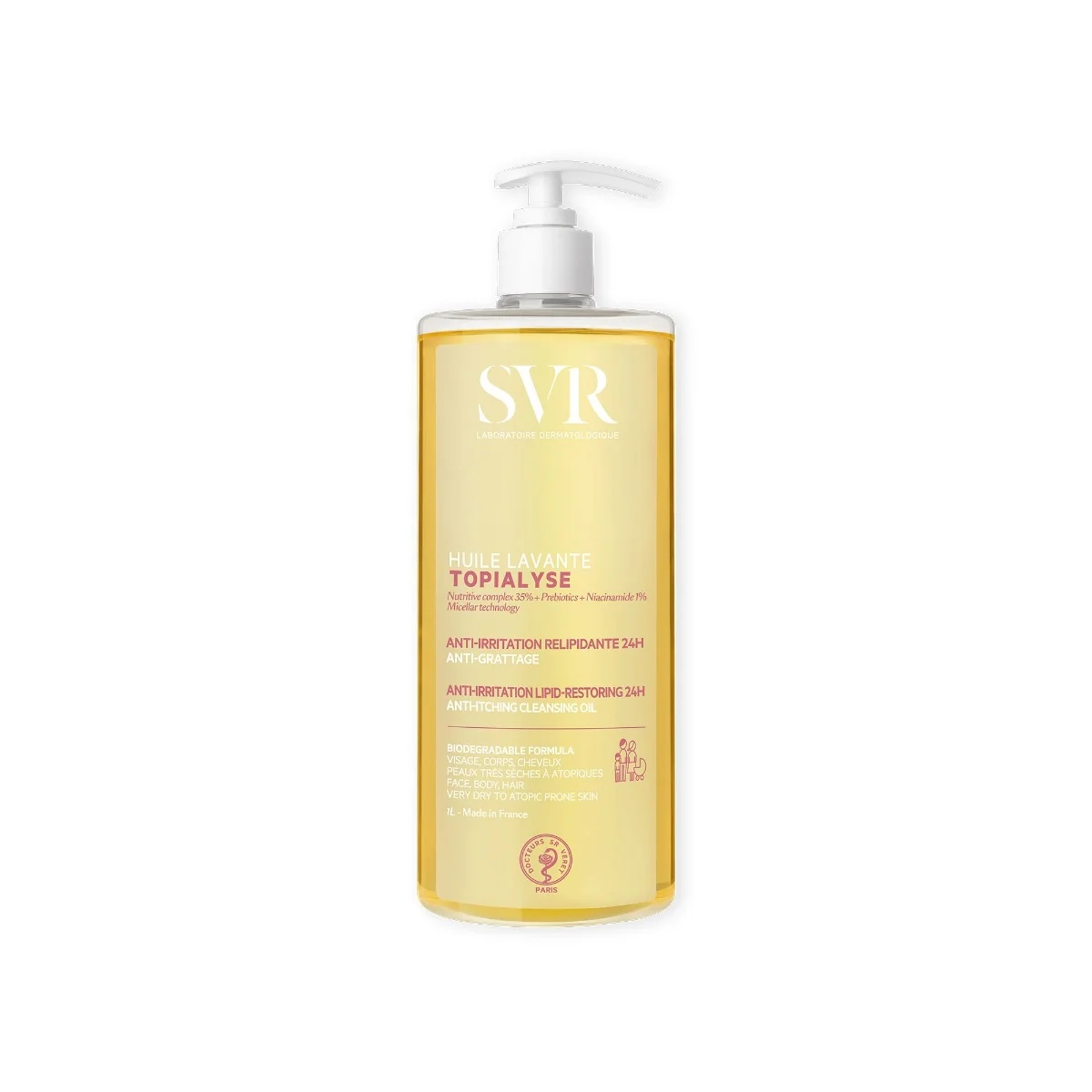 Aceite limpiador SVR Topialyse 1 l. Nueva fórmula contra la irritación y el picor.