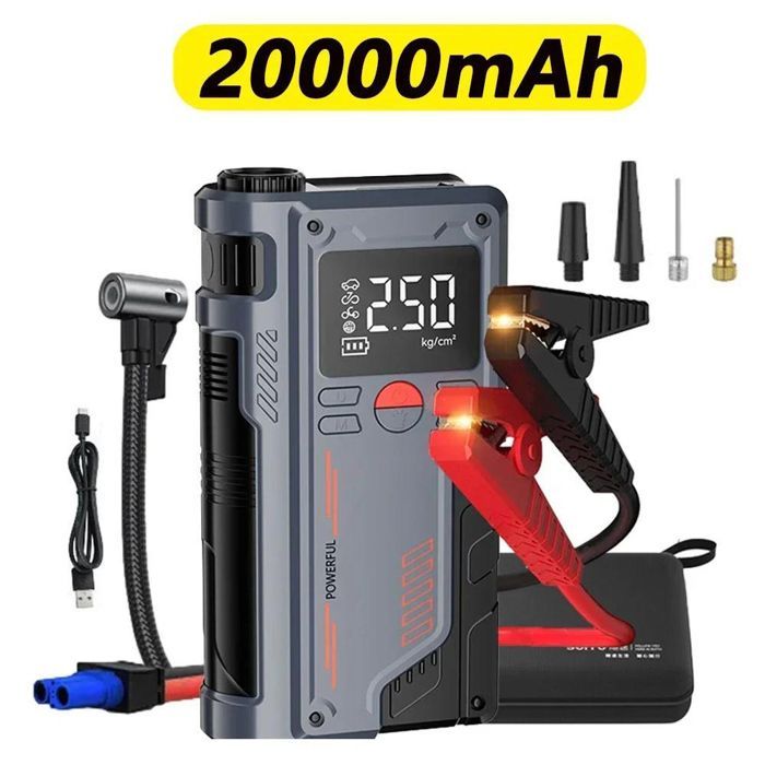 Démarreur de Voiture 1000A, Chargeur Booster Portable 20000mAh Dispositif de Démarrage de Batterie de Voiture Puissant, Lumière LED