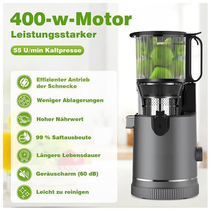Licuadora de prensado en frío, boca de alimentación ancha de 147 mm y motor de 400 W, instalación de fácil limpieza, rendimiento de jugo del 99 %, 1,8 L, gris.