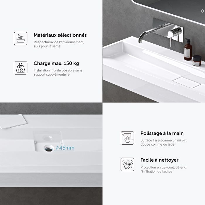 Lavabo mural Doporro con desagüe, blanco, 100x46x11cm, rectangular, no requiere perforación, Colossum19