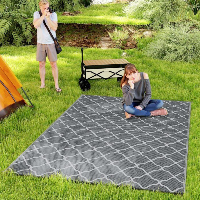 Tapis d'extérieur - Outsunny - tapis réversible - PP haute densité 310 g/m² - dim. 2,74L x 1,82l m - gris et blanc
