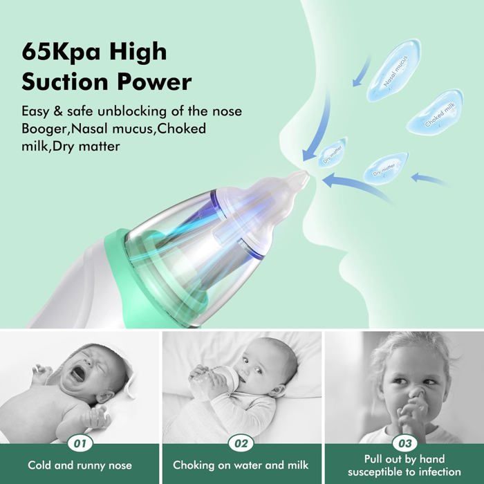 Aspiratore nasale per neonati - Aspiratore nasale elettrico per neonati - 3 punte in silicone e 3 impostazioni di aspirazione - Aspiratore antireflusso - Per neonati