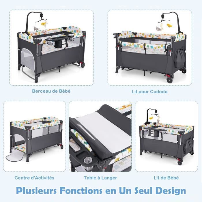 DREAMADE  5 en 1 Lit Parapluie Bébé Pliant avec Table à langer, Matelas, Hauteur Réglable, Jouet Suspendu, Boîte à Musique, Gris