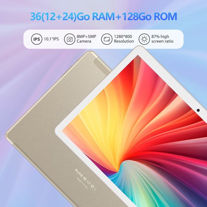 HEASUR 10,1-Zoll-Tablet, Android 14, 36 GB + 128 GB, Octa-Core-Prozessor, 5G-WLAN, USB-C-Anschluss, 8000-mAh-Akku, inklusive Tastatur, Maus und Kopfhörern, Gold