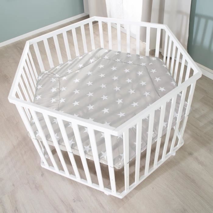 Parque infantil hexagonal - ROBA - LITTLE STARS - Altura regulable - Funda acolchada - Ruedas con freno - Madera lacada en blanco - Diseño de estrellas