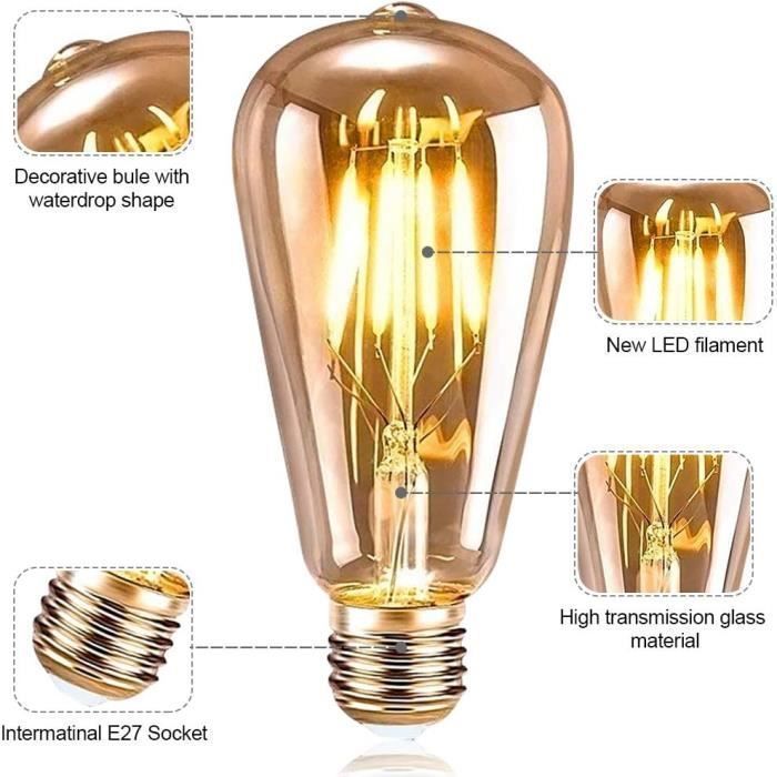 Lampadina Edison E27 vintage, 6 pezzi, lampadina a filamento E27, lampada decorativa retrò vintage ST64, lampadina LED Edison antica, 6W