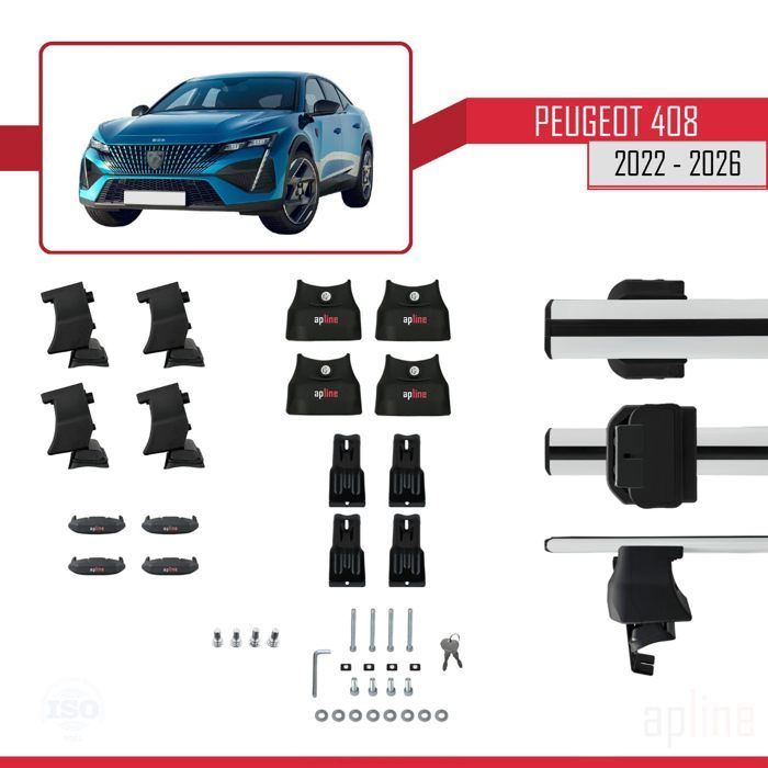Barras de techo ACE-4 compatibles con Peugeot 408 (P54) 2022-2026, portaequipajes para coche, aluminio gris, 2 barras.