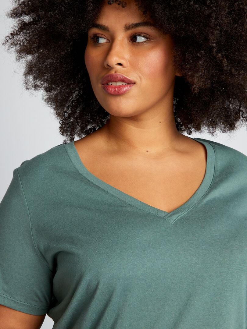 Camiseta de punto con cuello en V - VERDE