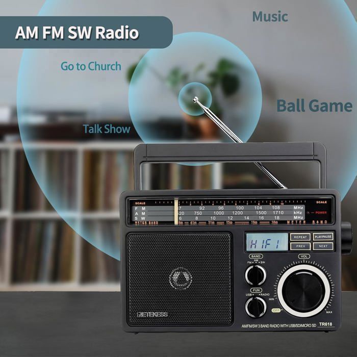Retekess TR618 Poste Radio Portable, Radio Pile et Secteur, Transisitor FM AM SW, Lecteur MP3 USB SD TF, Prise de Casque(Gris