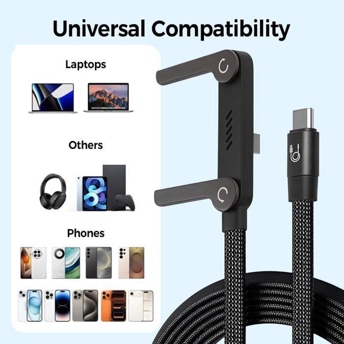 Cable de carga invisible genérico 2 en 1 con soporte en T - Cable trenzado tipo C de 240 W con carga rápida de 1,5 m (2 unidades)