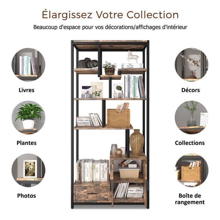 6-Tier Bookshelf - NHHF - LED Lighting - Storage Unit with Drawer and 2 Doors - Metal Frame - Brown and Black