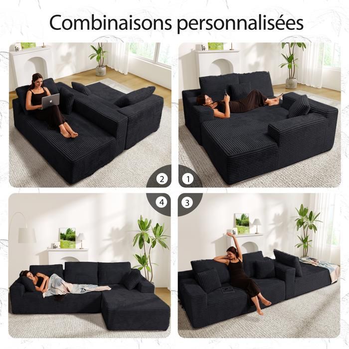 Canapé d'angle droit 263x171x 59cm, combinaison libre 4/5places, sans assemblage canapé avec méridienne Noir en Velours cotelé
