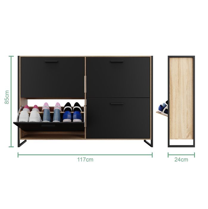 CASABEL Meuble de Rangement à Chaussure Industriel 24 Paires - Double compartiment, Entrée - Portes Noires Cadre Bois Clair