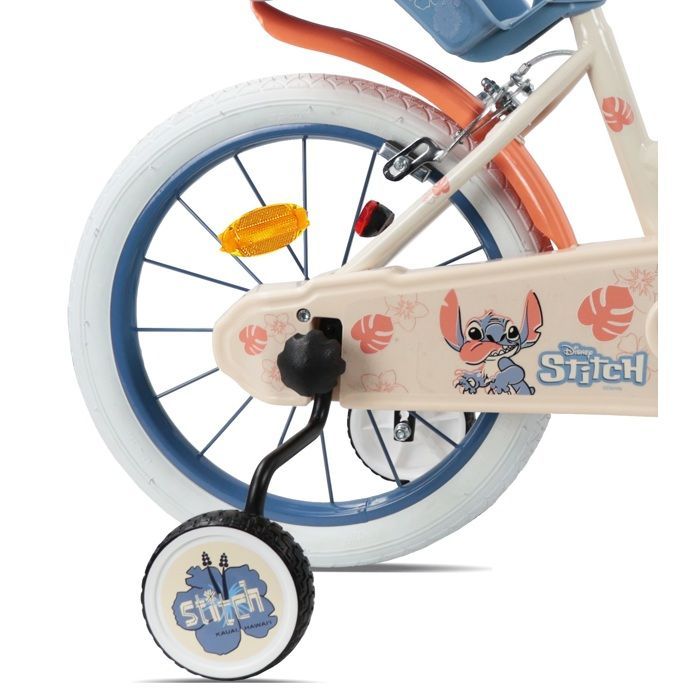 Bicicleta infantil - Modelo STITCH / DISNEY de 16'' - (Altura del niño: de 100 cm a 125 cm) - 2 frenos, cesta, portamuñecas y ruedines.