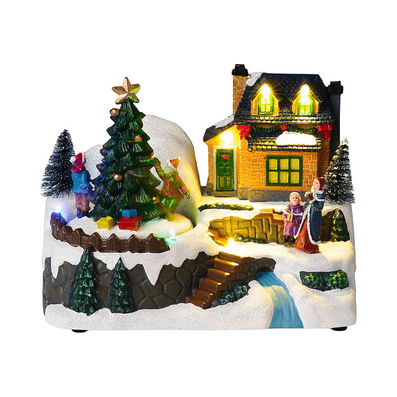 Hem Julstuga i byn med snögubbe, stuga med julgran