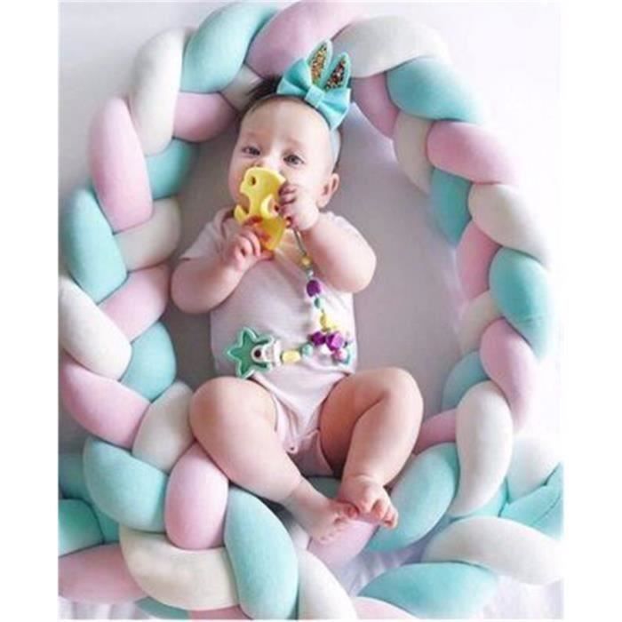 3M Cot Bumper Snake Pillow Braided Cushion Velvet Bumper Baby Protection - White+Green+Dark Blue