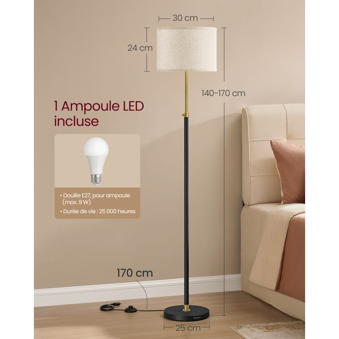 Lámpara de pie, altura regulable de 140 a 170 cm, estilo moderno, interruptor de pie, pantalla de tela, casquillo E27, color dorado y negro.
