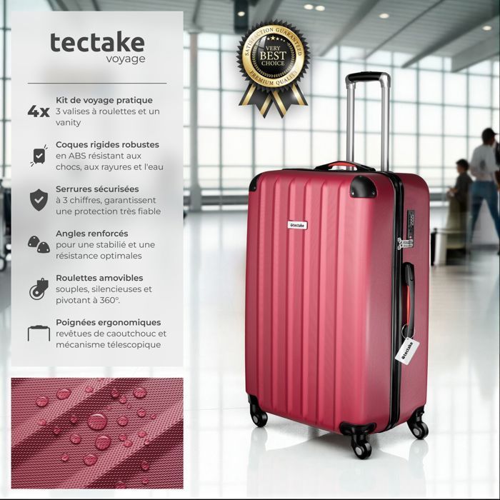 Maleta - TECTAKE - CLÉO, juego de maletas rígidas de plástico ABS, 48 x 30,5 x 75 cm - Rojo burdeos