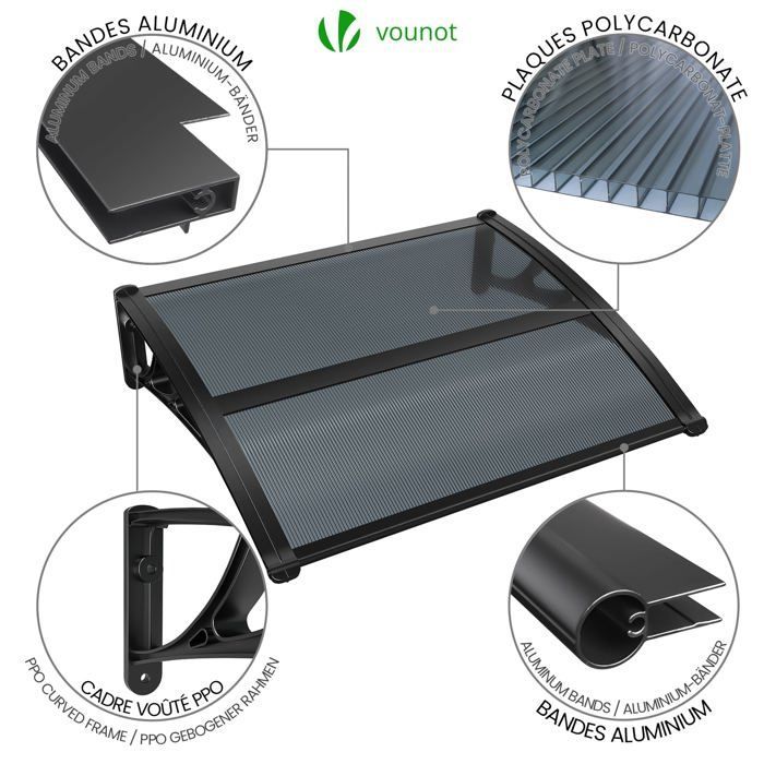 VOUNOT® Marquise auvent de porte d'entrée 100x80cm avec support central - Polycarbonate - Anti-UV - Anthracite