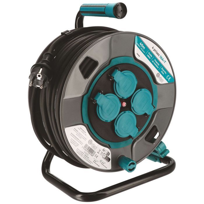 Avvolgicavo da cantiere da 40 metri - Guida cavo - 4 prese con coperchio - Sezione cavo 3G1.5mm² - IP44 - Maniglia