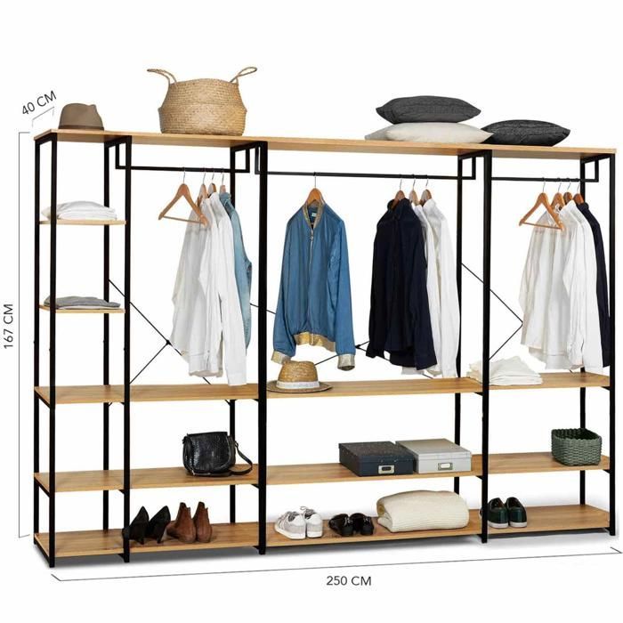 IDMARKET XXL modular wardrobe, large capacity, L. 250 cm, DETROIT industrial design