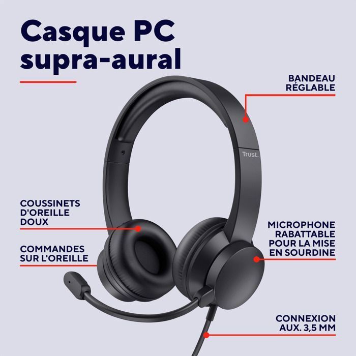 Auriculares con cable Trust Roha II para PC: micrófono con cancelación de ruido, sonido estéreo nítido, comodidad para el día a día, llamadas y videoconferencias.