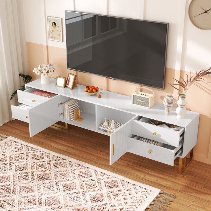 Meuble TV 175cm - moderne - pieds dorés et jante dorée - 4 tiroirs + 2 portes - panneaux de particules - Blanc