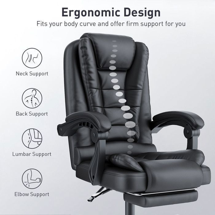 Silla de oficina, silla de polipiel con reposapiés, ergonómica, regulable en altura, negra.